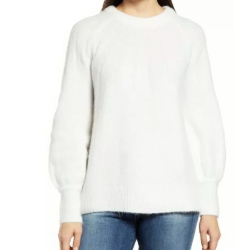 Caslon Women's Cozy Ivory Cloud Rib Yoke Crewneck Long Sleeve Sweater Medium